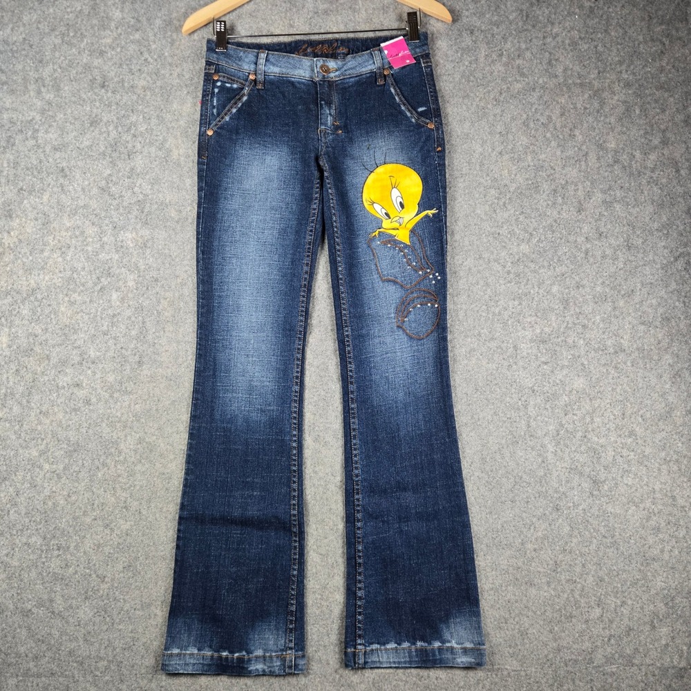 Lot29 Luxe Tweety Bird Jeans Womens 5 Blue Looney Tunes Rhinestone Y2K Flare New